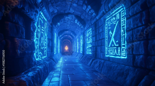 A secret underground tunnel, its walls lined with hieroglyphs glowing softly in blue light photo