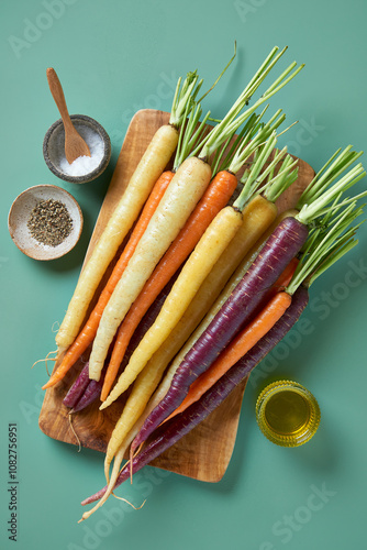 Raw rainbow carrots on acutting board, olive oil, salt, pepper, ingredients, top view