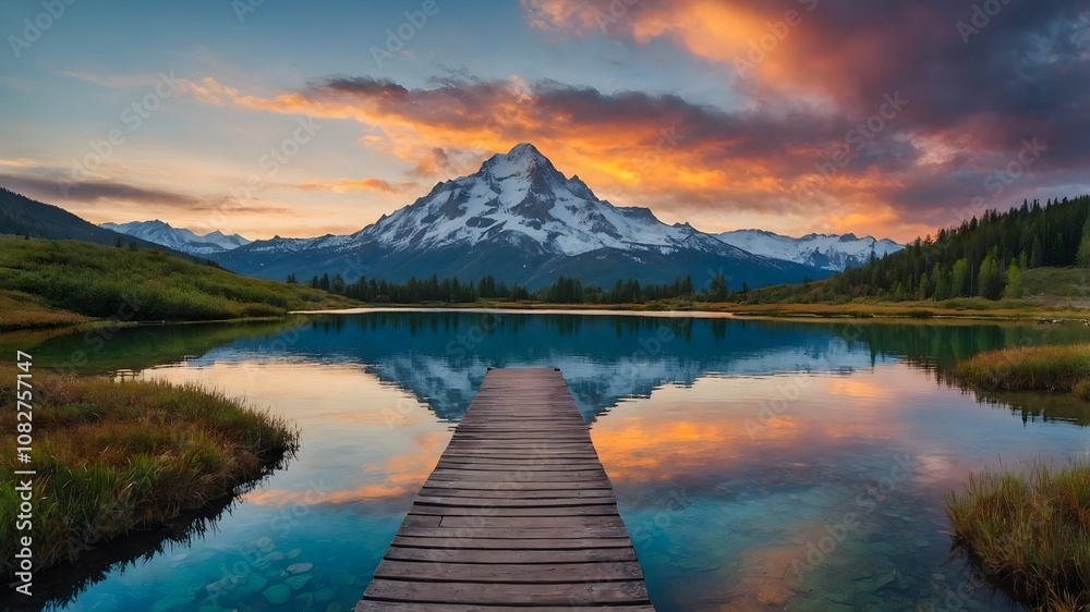 Breathtaking mountain landscape with snow-capped peaks, reflective lake, and alpine meadow path Breathtaking mountain landscape with snow-capped peaks, reflective lake, and alpine meadow path