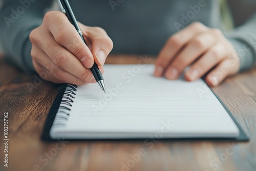 Close-up of hand writing in spiral notebook on wooden table