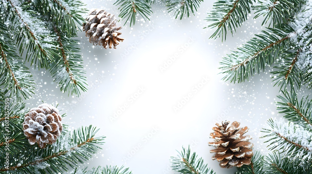 Snow-covered pine tree branches and cones creating a winter atmosphere. Generative AI. Snow-covered pine tree branches and cones creating a winter atmosphere. Generative AI.