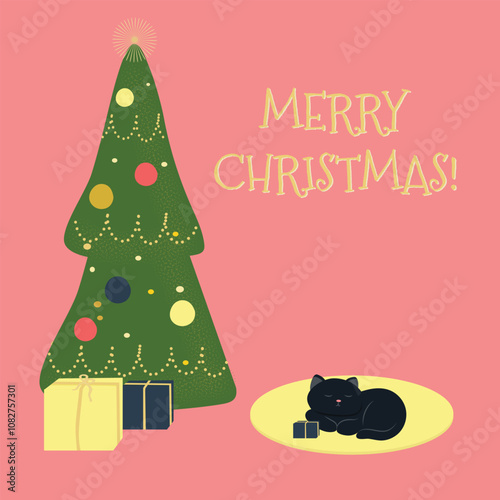 Cute and funny cat. Merry Christmas and Happy New Year. Vector illustration in flat style