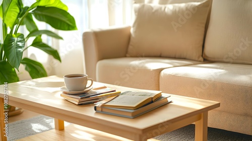 Wallpaper Mural Cozy Living Room with Natural Light - Warm Beige Couch and Green Plants Create a Relaxing Zoom Background for Home and Office Use Torontodigital.ca