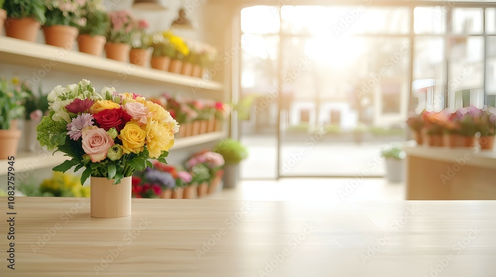 Fototapeta premium Charming Flower Shop Interior with Colorful Bouquets and Natural Light - Vibrant Floral Display Wooden Counter and Lush Greenery Perfect for Zoom Backgrounds