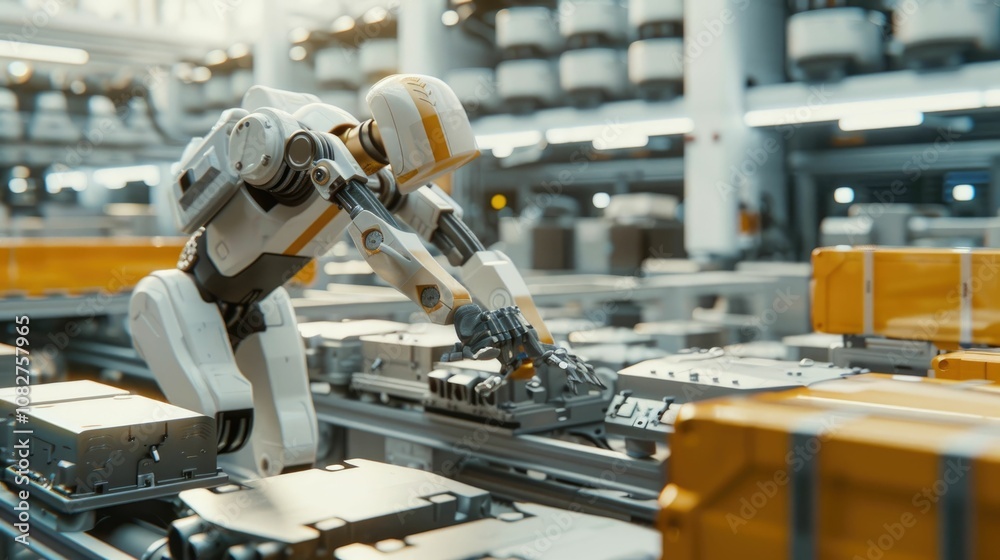Robotic arm assembling parts in a high-tech factory Robotic arm assembling parts in a high-tech factory