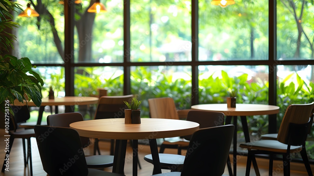 Fototapeta premium Chic Urban Cafe Interior with Large and Warm Lighting - Perfect Zoom Background for Casual and Stylish Virtual Meetings