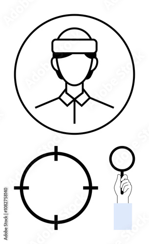 Person in a circular frame above crosshair symbol and hand holding a magnifying glass. Ideal for business, focus, target audience, analysis, search, strategy, investigation. Line metaphor