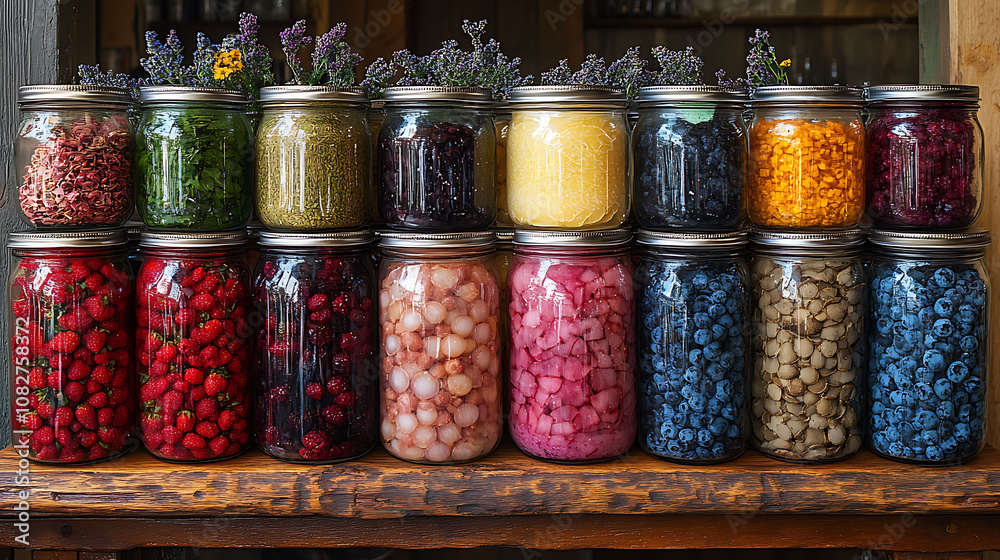 Colorful Jars of Preserved Vegetables and Fruits on Wooden Shelf Colorful Jars of Preserved Vegetables and Fruits on Wooden Shelf
