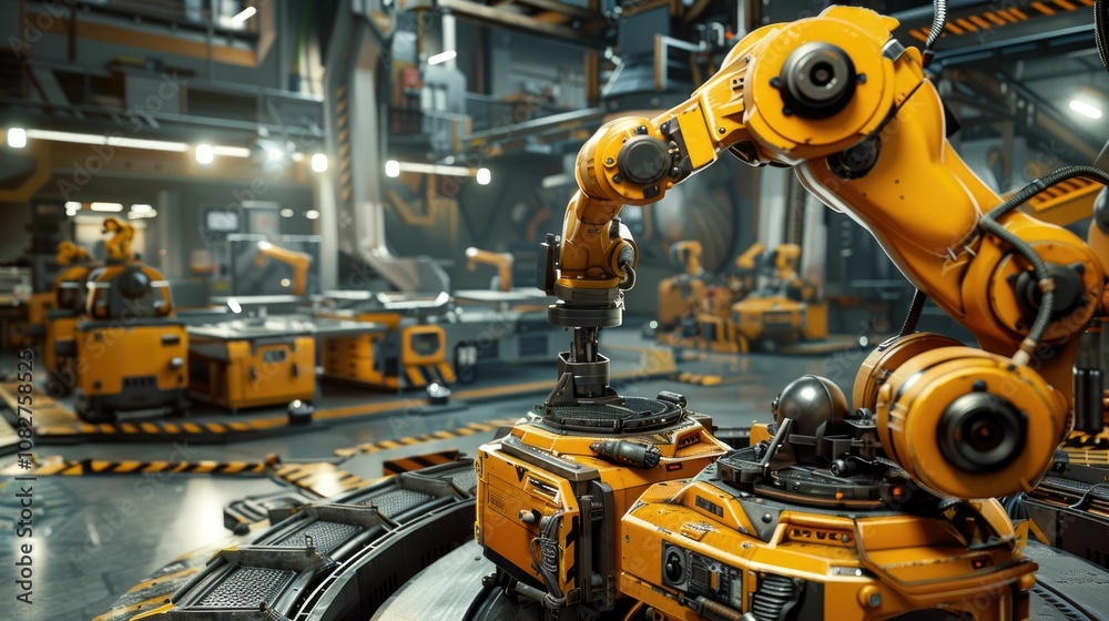 Robotic arm assembling parts in a high-tech factory Robotic arm assembling parts in a high-tech factory