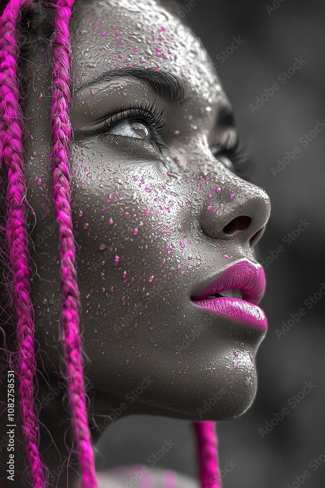A striking black and white portrait of a young woman with pink hair details and raindrops on the face. A striking black and white portrait of a young woman with pink hair details and raindrops on the face.