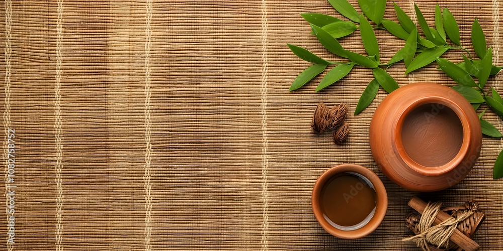 A rustic setup featuring clay pots, herbal leaves, and natural textures against a woven background. A rustic setup featuring clay pots, herbal leaves, and natural textures against a woven background.