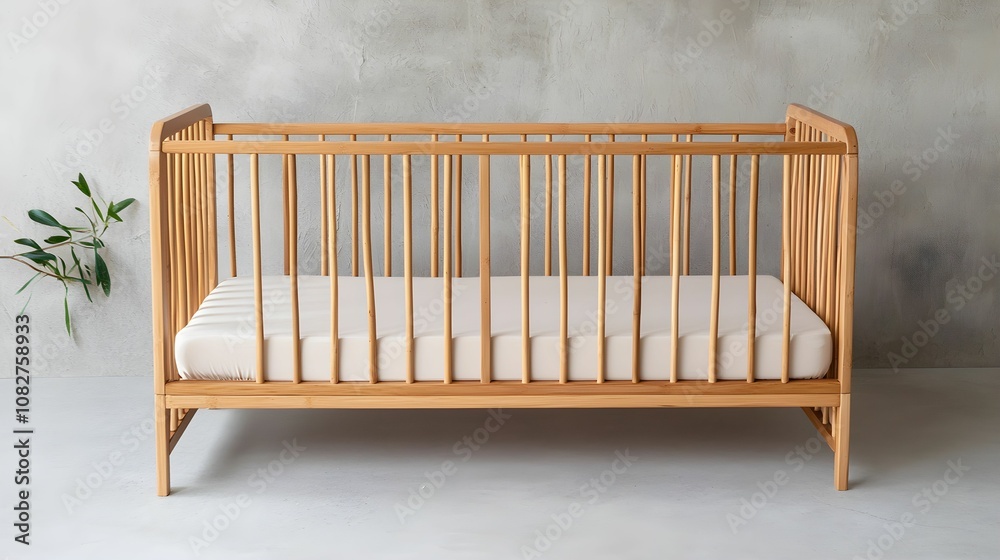 A minimalist wooden crib with a soft mattress, set against a neutral backdrop, ideal for a baby's nursery, showcasing modern design and functionality. A minimalist wooden crib with a soft mattress, set against a neutral backdrop, ideal for a baby's nursery, showcasing modern design and functionality.