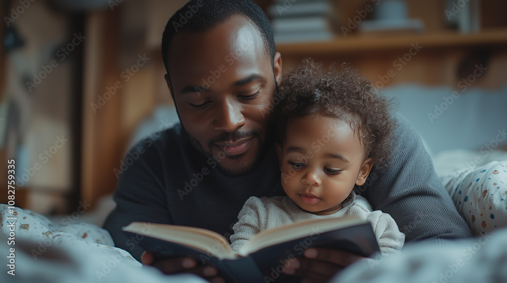 man sitting on the side of the bed reading a bedtime story to his little kid already under the blanket. Symbolizing bonding between father and child man sitting on the side of the bed reading a bedtime story to his little kid already under the blanket. Symbolizing bonding between father and child