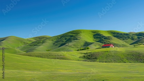 Rolling green hills with a lone farmhouse under a clear blue sky