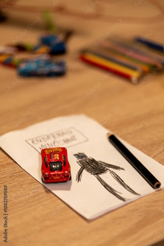 Naklejka premium Drawing of Enderman from Minecraft drawing and red Mattel Lightning McQueen toy car on a table