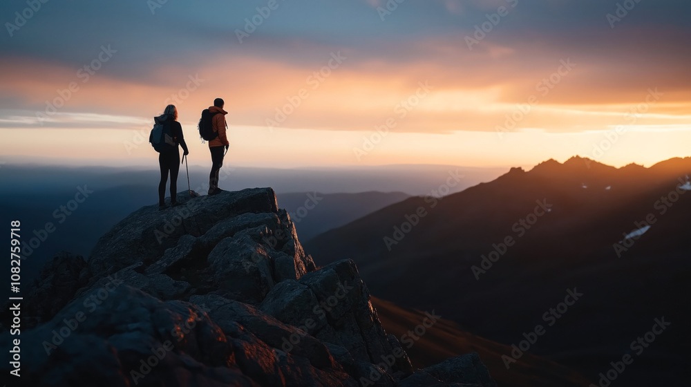 Two hikers with backpacks stand on a rocky mountain summit at sunset, overlooking a vast landscape and silhouetted against a colorful sky. Two hikers with backpacks stand on a rocky mountain summit at sunset, overlooking a vast landscape and silhouetted against a colorful sky.