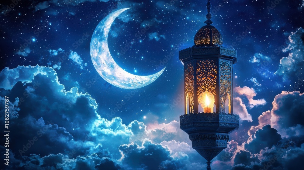 Arabic Lantern Under Starry Sky with Crescent Moon Arabic Lantern Under Starry Sky with Crescent Moon