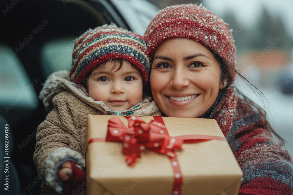 Delivering Joy: Latina woman and son deliver presents by car, marking the start of Christmas celebrations. Delivering Joy: Latina woman and son deliver presents by car, marking the start of Christmas celebrations.