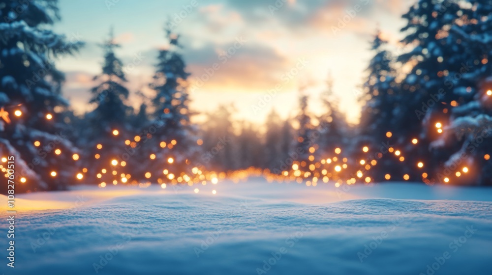 A Snowy Forest at Sunset with Lights