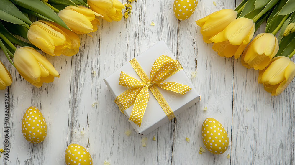 Festive Easter Scene with Gifts and Flowers Festive Easter Scene with Gifts and Flowers