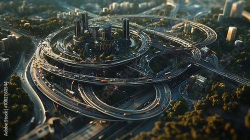 An aerial view of a smart city with interconnected roads, showcasing AI-managed traffic systems reducing congestion and enhancing flow 