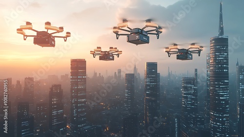 A fleet of autonomous delivery drones in action, capturing packages being transported seamlessly across a smart city environment 