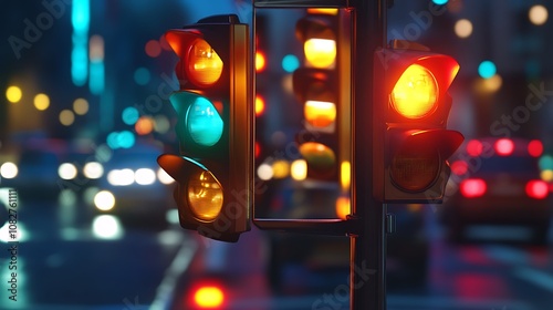 A close-up of a smart traffic light system adjusting signals dynamically based on AI-driven traffic flow analysis, with cars moving efficiently in the background 