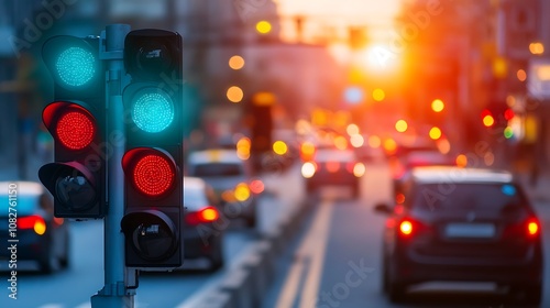 A close-up of a smart traffic light system adjusting signals dynamically based on AI-driven traffic flow analysis, with cars moving efficiently in the background 
