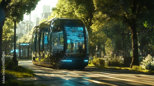 An electric autonomous shuttle transporting passengers through a city park, with a digital interface showcasing AI's real-time adjustments to route and speed 