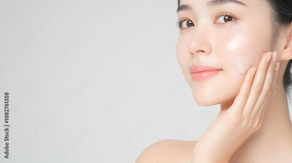 Radiant Asian Woman with Soft Expression - Close-Up Portrait Showcasing Clear Skin and Natural Glow in Beautiful Lighting for Promotion Radiant Asian Woman with Soft Expression - Close-Up Portrait Showcasing Clear Skin and Natural Glow in Beautiful Lighting for Promotion