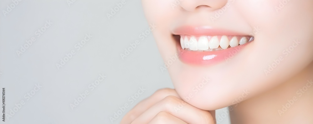 Obraz premium Serene Asian Woman with Gentle Smile and Glowing Skin - Close-Up Beauty Shot Showcasing Smooth Skin Texture in Soft Lighting