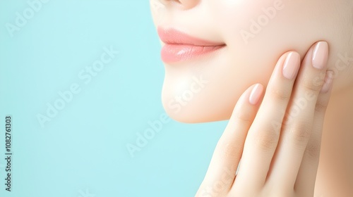 Serene Elegance Close-Up of Asian Womans Hand Gently Touching Flawless Cheek in Natural Light - Captivating Beauty and Youthful Glow