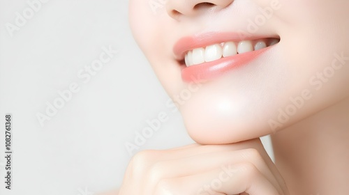 Radiant Asian Woman with Glowing Skin and Calm Smile - Embracing Natural Beauty in Soft Warm Light Close-Up Portrait Highlighting Healthy Skin Texture