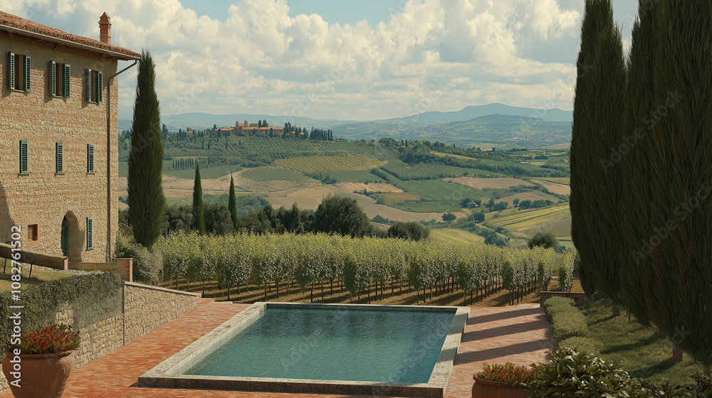 Naklejka premium Rustic Stone Villa Overlooking Vineyards and Rolling Tuscan Hills.