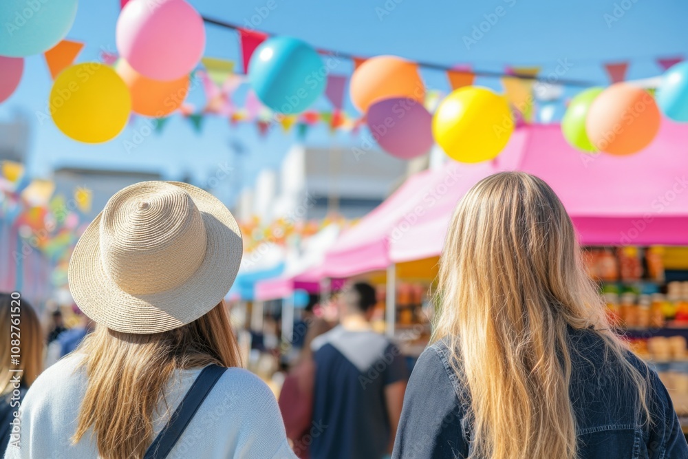 Two friends share a joyful moment at an outdoor food festival sampling local snacks under bright midday light Two friends share a joyful moment at an outdoor food festival sampling local snacks under bright midday light