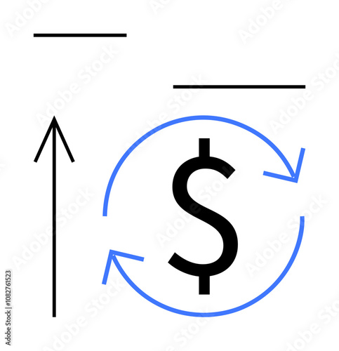 Upward pointing arrow beside a dollar sign surrounded by circular arrows. Ideal for finance, business growth, investment, profitability, economic trends, market analysis, and revenue increase. Line