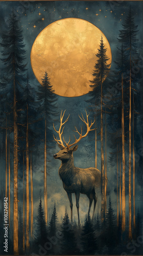 Peinture Art Déco d'une forêt enchantée avec cerf doré