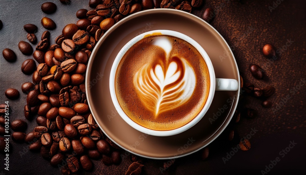 위에서 내려다 본 커피콩과 따뜻한 카푸치노 배경화면