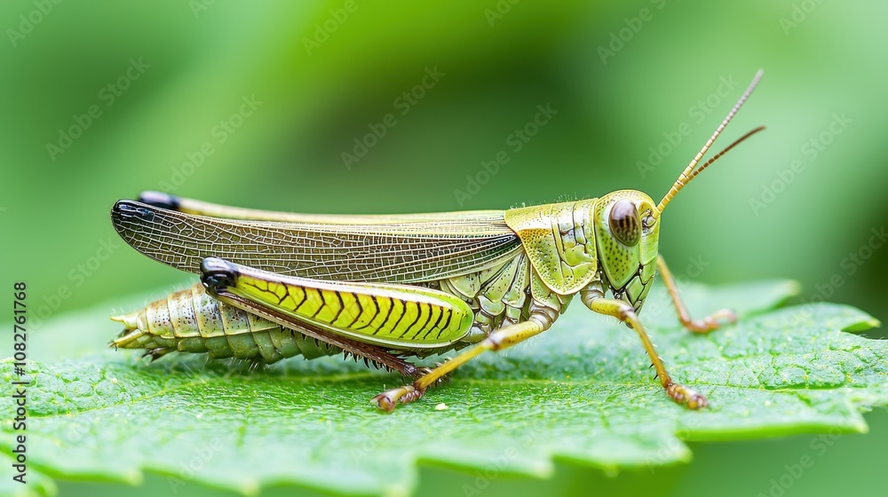 Detailed Close-up of a Vibrant Green Grasshopper Resting on a Leaf in Natural Habitat Showcasing Intricate Body Patterns and Vibrant Colors Detailed Close-up of a Vibrant Green Grasshopper Resting on a Leaf in Natural Habitat Showcasing Intricate Body Patterns and Vibrant Colors
