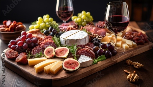 Sophisticated Wine and Charcuterie Board With Artisan Cheeses, Cured Meats, Fresh Fruit, and Herb Garnishes for a Refined and Luxurious Culinary Experience