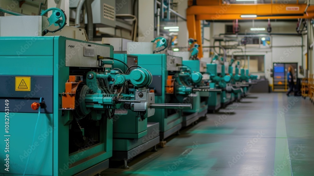 Rows of injection molding machines producing parts Rows of injection molding machines producing parts