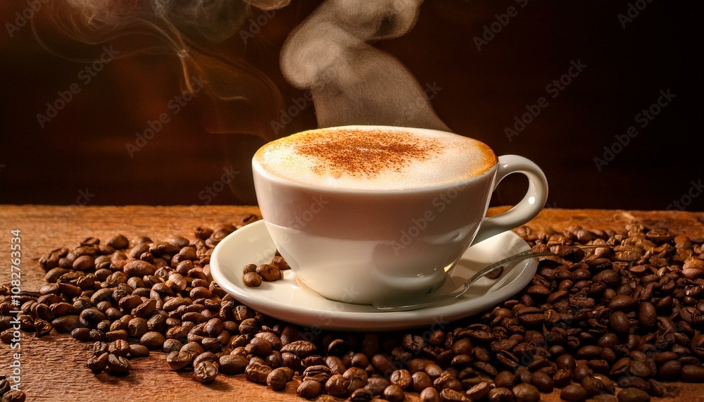 위에서 내려다 본 커피콩과 따뜻한 카푸치노 배경화면