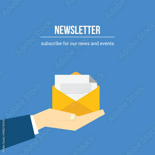 Newsletter. vector illustration of email marketing. subscription to newsletter, news, offers, promotions. a letter and envelope. subscribe, submit. send by mail.	