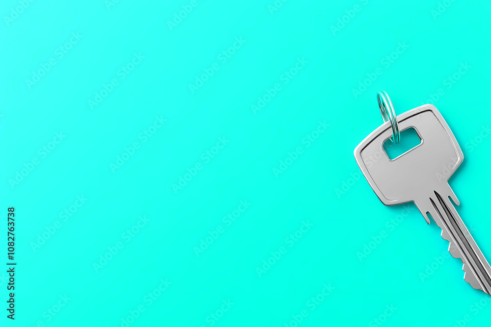 A Close-Up of a Shiny Key Resting on a Vibrant Turquoise Background in Natural Light A Close-Up of a Shiny Key Resting on a Vibrant Turquoise Background in Natural Light