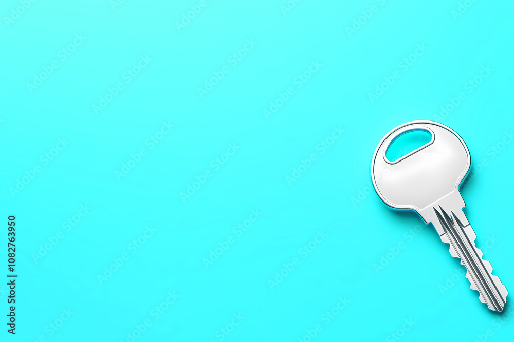 A Solitary Silver Key Resting on a Vibrant Turquoise Background, Symbolizing Opportunity and Access A Solitary Silver Key Resting on a Vibrant Turquoise Background, Symbolizing Opportunity and Access