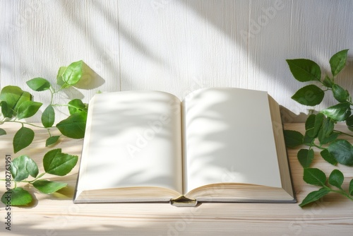 Minimalist mockup of an open blank book on a wooden table with green leaves, softly lit in natural light