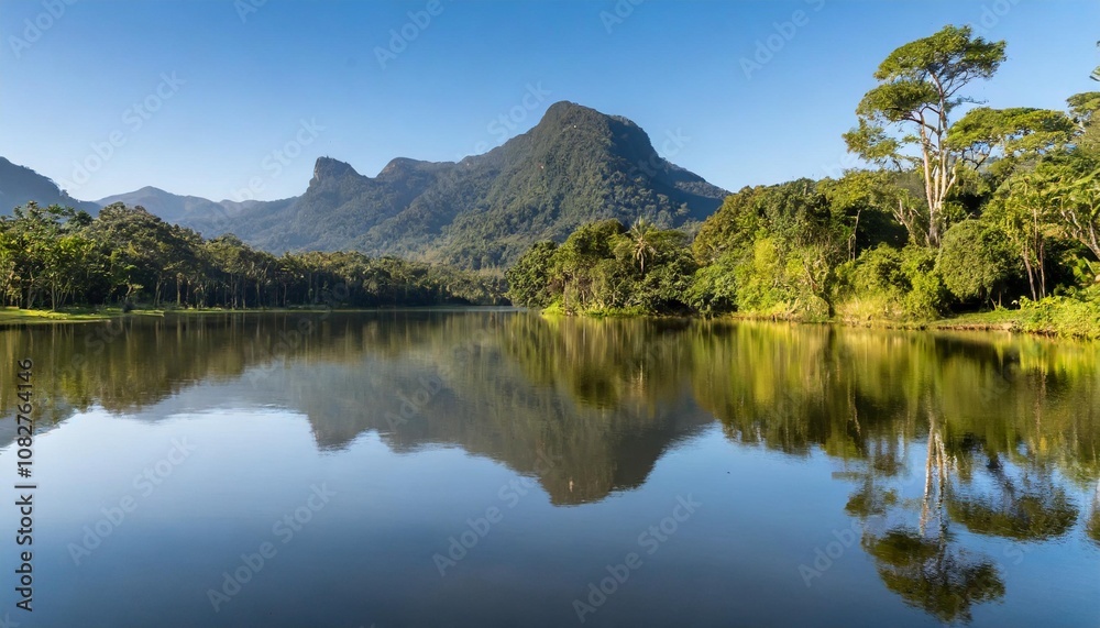 Serene Lake Surrounded by Lush Tropical Rainforest, Reflecting Towering Trees and Distant Mountain Peaks Under a Clear Blue Sky, Captured for a Scenic Nature Landscape Serene Lake Surrounded by Lush Tropical Rainforest, Reflecting Towering Trees and Distant Mountain Peaks Under a Clear Blue Sky, Captured for a Scenic Nature Landscape