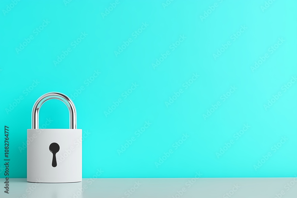 A Solitary Padlock Rests on a Smooth Surface Against a Vibrant Turquoise Wall Background A Solitary Padlock Rests on a Smooth Surface Against a Vibrant Turquoise Wall Background