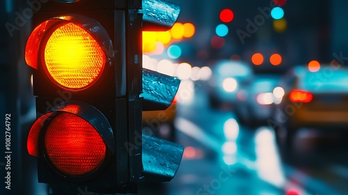 A close-up of a smart traffic light system adjusting signals dynamically based on AI-driven traffic flow analysis, with cars moving efficiently in the background