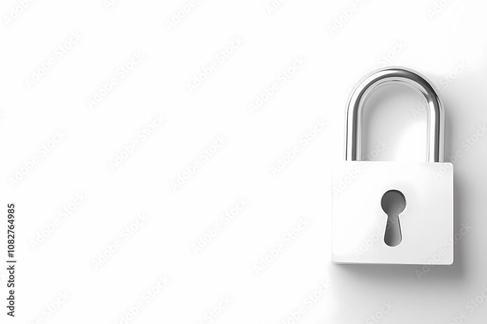 Naklejka premium A Shiny Silver Padlock Resting on a Smooth White Surface, Symbolizing Security and Protection